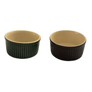 Emile Henry France Ribbed Stoneware Custard Ramekins Set Of 2 Green & Brown